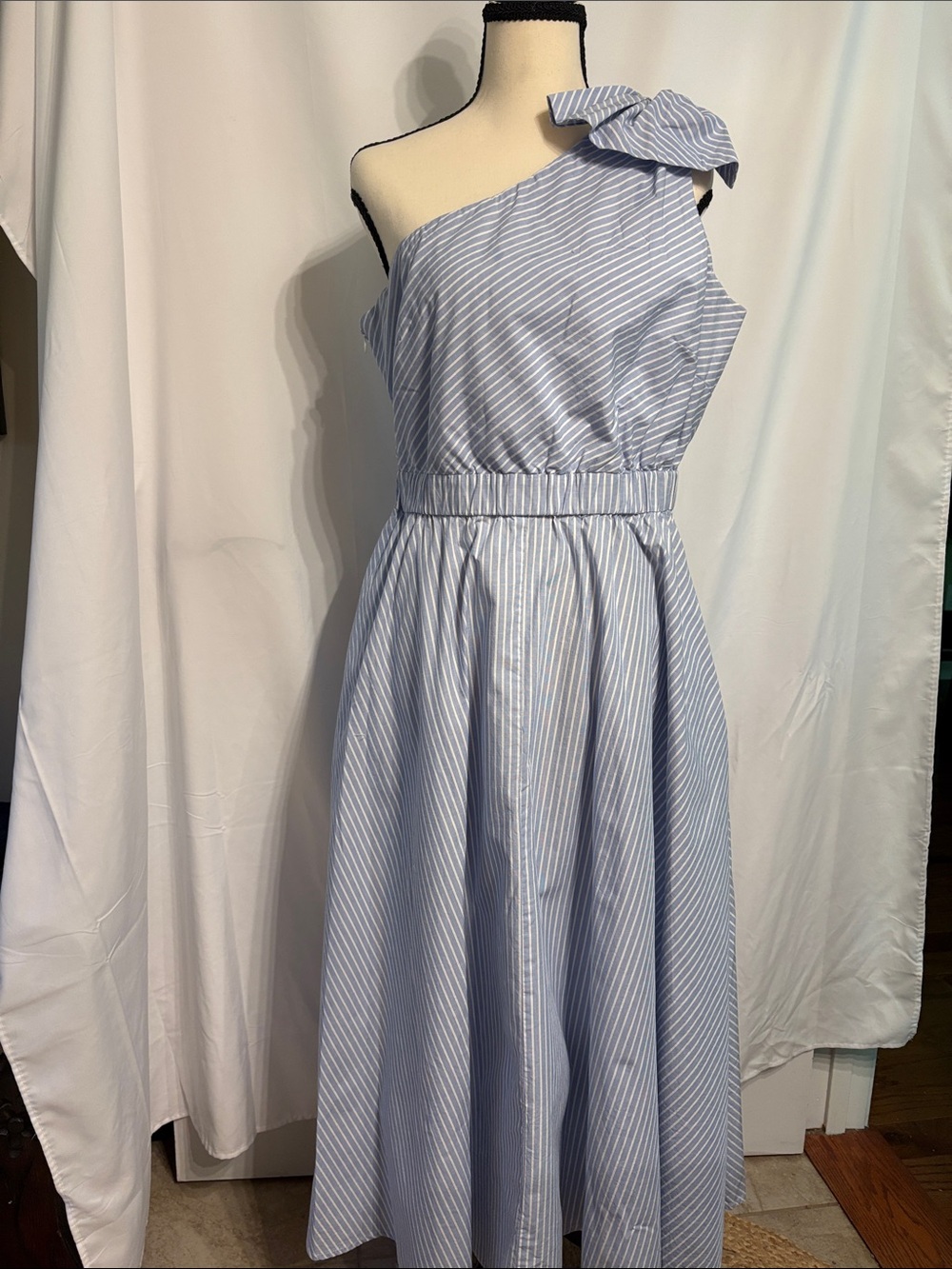Calvin Klein Preppy Blue and White Striped One Shoulder Dress Size 12.